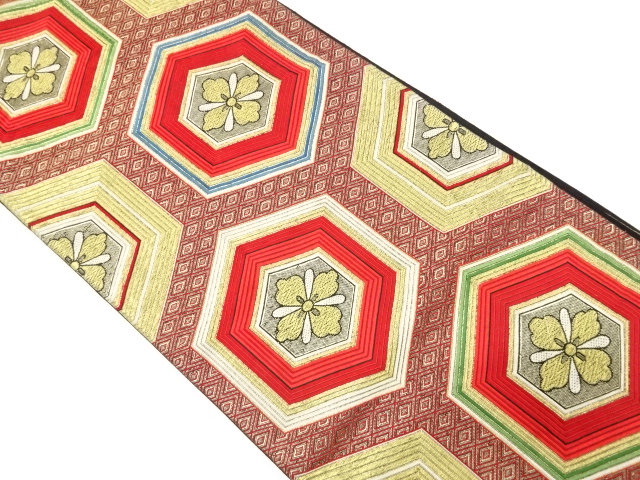 アンティーク　亀甲重ねに花模様織り出し袋帯（着用可）